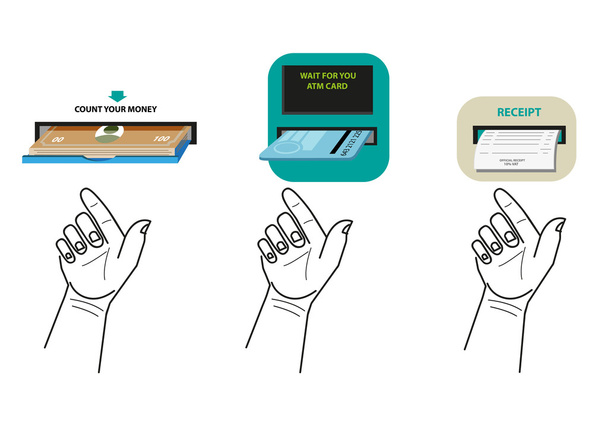 Hand removes money, atm card or official receipt from Automated Teller Machine or ATM. Editable Clip Art. - ベクター画像