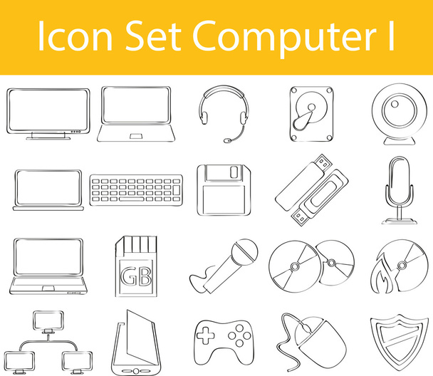 Conjunto de ícones alinhados Doodle desenhado Computador I
 - Vetor, Imagem