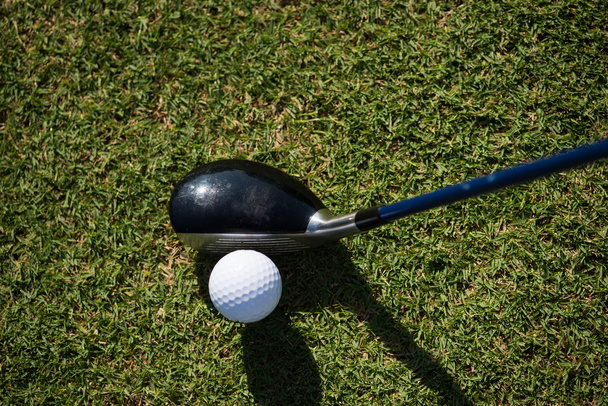 вид сверху на гольф-клуб и мяч в траве
 - Фото, изображение