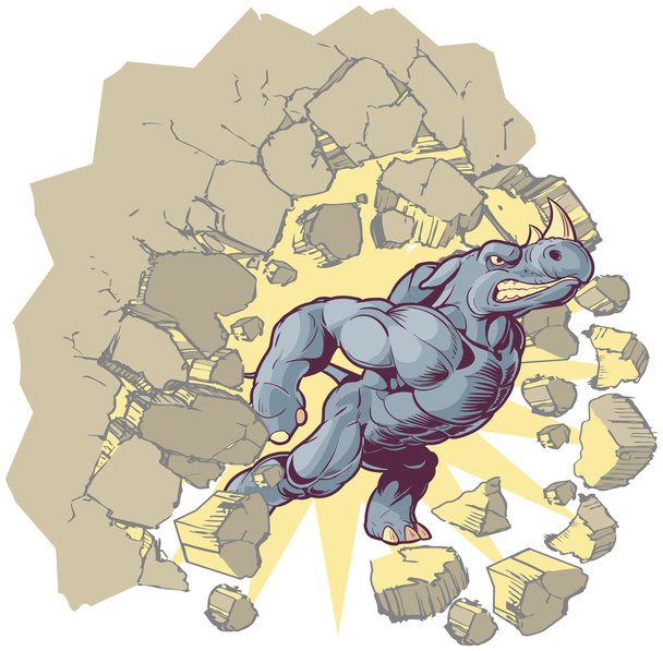 Талисман носорога врезается в стену иллюстрации векторного клипа мультфильма
 - Вектор,изображение