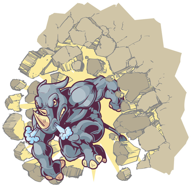 Hockende Maskottchen Nashorn kracht durch eine Wand Vektor Cartoon Clip Art Illustration - Vektor, Bild