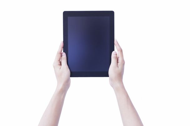 マンハンドホールドタブレットを使用して分離された背景の概念では、現実のブラックパッドアップビジネス、人のコンピュータ技術、女性の web ショッピングオンライン、b2c 消費者、モノのインターネット - 写真・画像