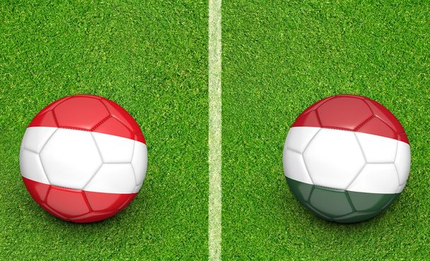 Командні м'ячі для Австрії проти Угорщини футбольний матч, 3D-рендерінг - Фото, зображення