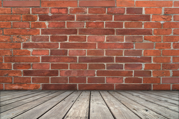Empty room background of brick wall with wooden floor, Ideal for - Photo, Image