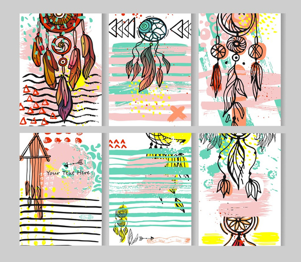 Hand zeichnen Tinte Strich Textur Karte Vorlage set.vector Design Sammlung von Traumfänger farbigen künstlerischen Karten - Vektor, Bild