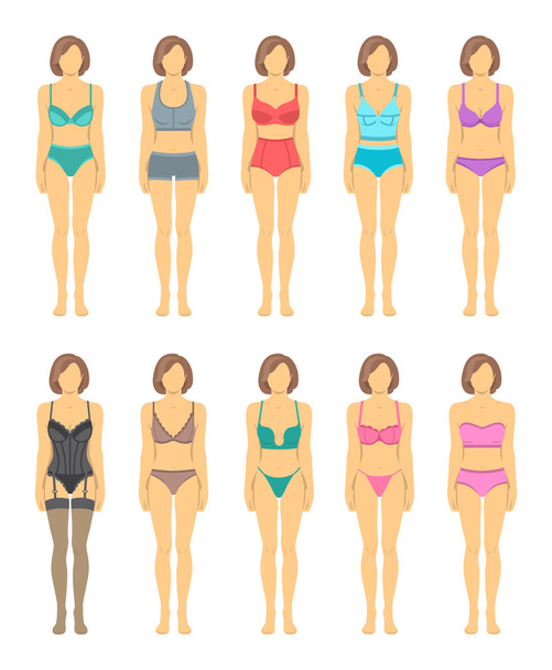 Woman figures in fashionable lingerie flat icons - Vector, Image