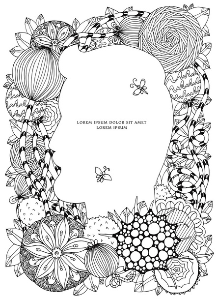 Vector εικονογράφηση floral πλαίσιο Ζεν κουβάρι. Dudlart. Χρωματίζοντας βιβλίο αντι στρες για τους ενήλικες. Μαύρο λευκό. - Διάνυσμα, εικόνα