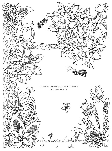 Marco de ilustración vectorial con flores zen árbol de enredo. Dudlart. Libro para colorear anti estrés para adultos. Blanco negro
. - Vector, Imagen