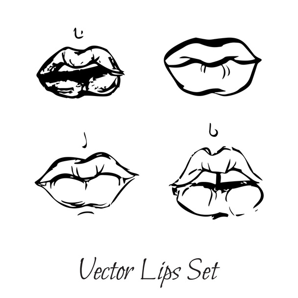 女性の唇のベクトルスケッチ。女性の唇のデザインの手描きセット. - ベクター画像