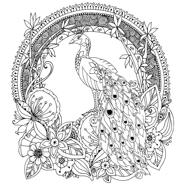 Векторная иллюстрация Zen Tangle, павлин и цветы. Рисование каракулей. Раскраска книги антистресс для взрослых. Черный белый
. - Вектор,изображение