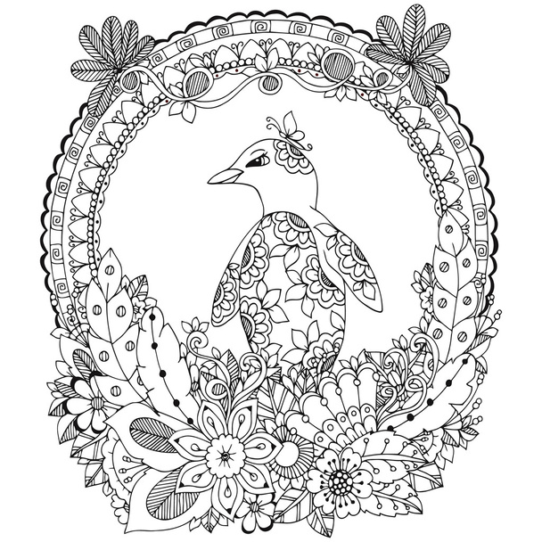 Illustration vectorielle Zen Tangle, un pingouin dans un cadre fleuri. Dessin de caniche. Livre à colorier anti stress pour adultes. Blanc noir
. - Vecteur, image