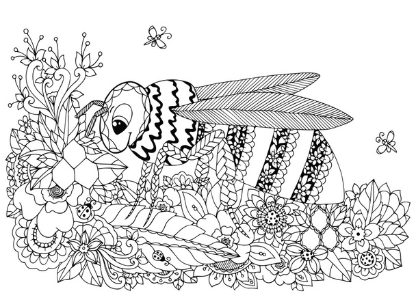 Векторна ілюстрація Дзен Тангл, оса та квіти. Малюнок мудреця. Розмальовка для дорослих проти стресу. Чорно білий
. - Вектор, зображення