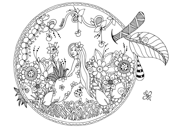 Vektorová ilustrace Zen zamotané, dívka sedící v jablku. Doodle květiny. Obarvení knihy proti stresu pro dospělé. Černobílý. - Vektor, obrázek