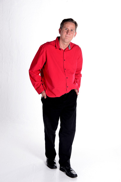 Caucasian middle aged man in red shirt white background - Φωτογραφία, εικόνα