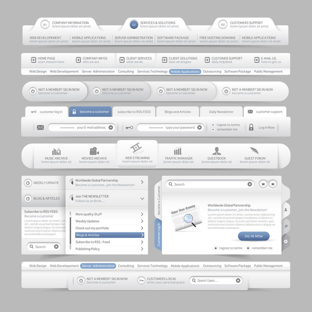 Дизайн меню веб-сайту навігаційні елементи з набором піктограм: панелі меню налаштування
 - Вектор, зображення