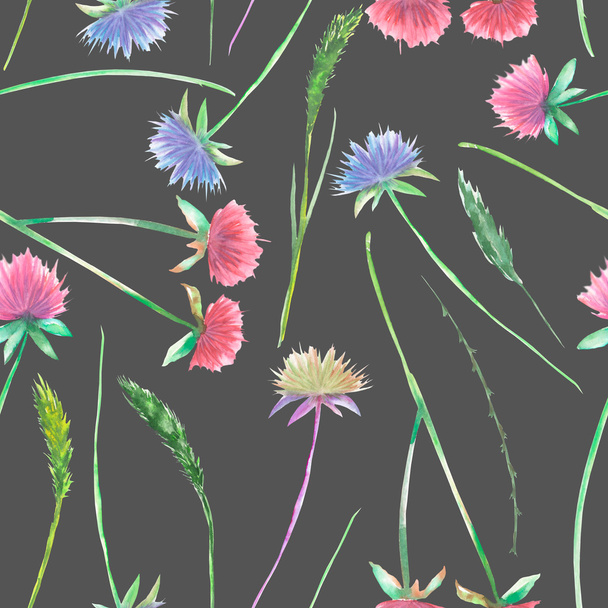 Seamless floral pattern with the watercolor clover flower and grass - Photo, Image