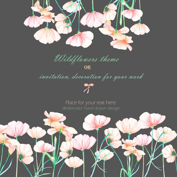 Pozadí, pozvánka, šablona Pohlednice s květinami úhrady růžové Kosmos, ručně kreslenou na tmavém pozadí - Fotografie, Obrázek