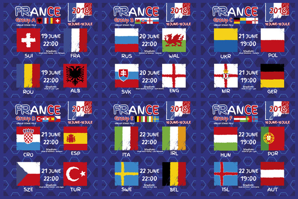 Patroon, vlaggen, datum en tijd voor voetbalkampioenschap. - Vector, afbeelding