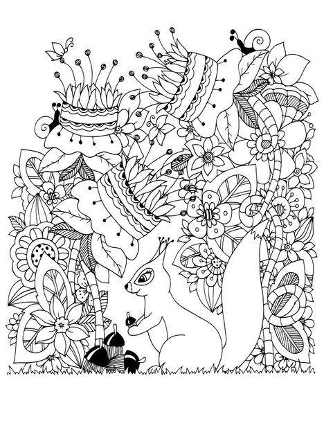 Vector illustratie Zen wirwar, eekhoorn met acorn in bloemen zit. Doodle tekening. Kleurplaat boeken anti stress voor volwassenen. Zwart wit. - Vector, afbeelding