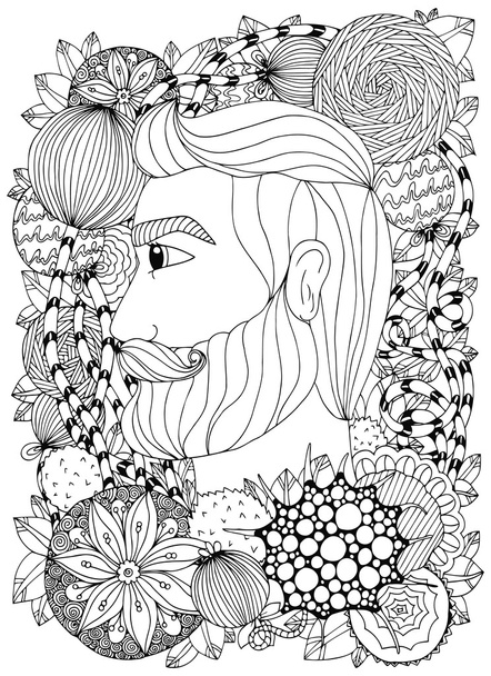 Vektorová ilustrace zenový Portrét muže s ozdobou. Doodle květinové rám. Obarvení knihy proti stresu pro dospělé. Černobílý. - Vektor, obrázek