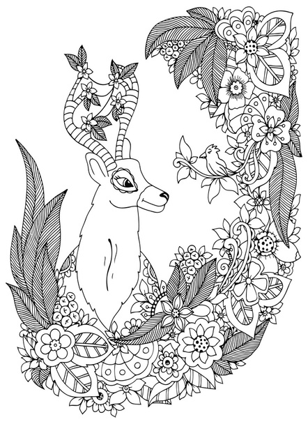 Illustrazione vettoriale Cervo Zen Tangle in una cornice floreale. Disegno Doodle. Libro da colorare anti stress per adulti. Bianco nero
. - Vettoriali, immagini