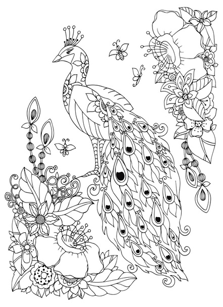 Ilustración vectorial Zen Tangle, pavo real y flores. Dibujo Doodle. Libro para colorear anti estrés para adultos. Blanco negro
. - Vector, Imagen
