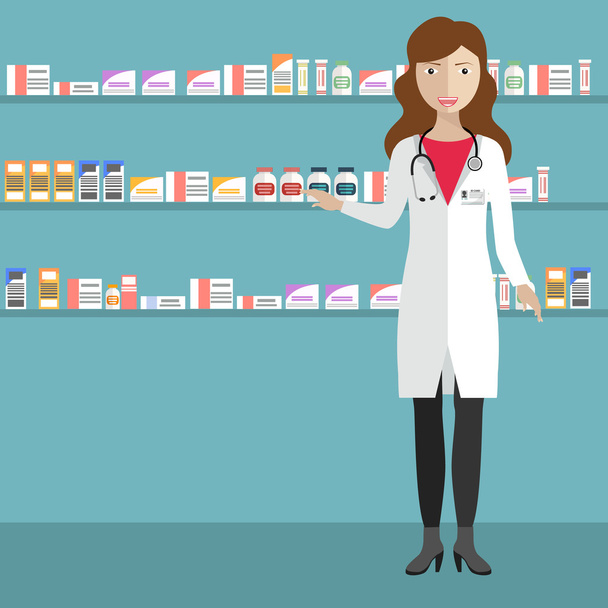 female pharmacist at the counter - Vector, Image
