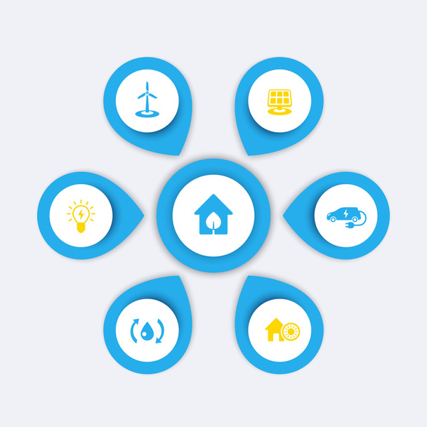 Green ecologic house, energy saving modern technologies, infographics elements, icons, vector illustration - ベクター画像