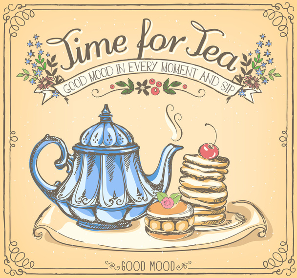 Ρετρό εικονογράφηση ώρα για τσάι με τσαγιέρα και κρέπες - Διάνυσμα, εικόνα