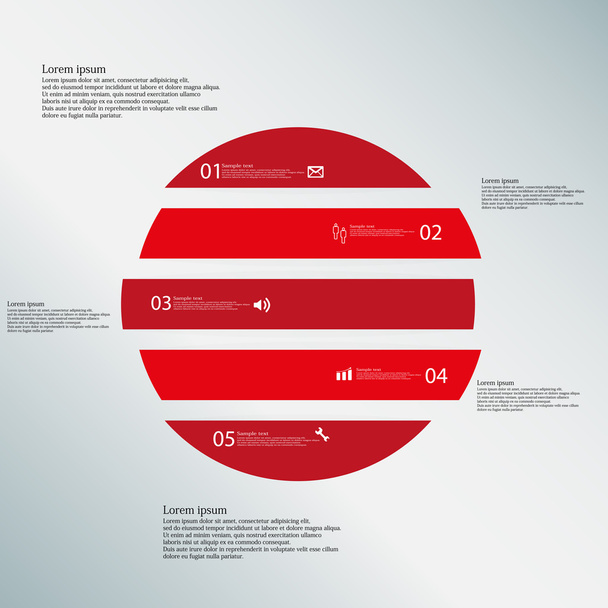 Circle horizontaly divided to five red parts on blue background - Vector, Imagen