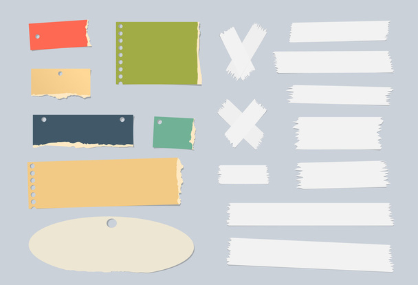 Stücke zerrissenes buntes Blanko-Notizpapier, weiße Maskierungsbänder sind auf grauen Hintergrund geklebt - Vektor, Bild