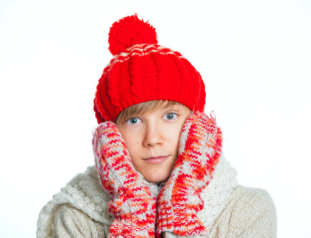 Portrait of young beautiful boy in winter style - Fotó, kép
