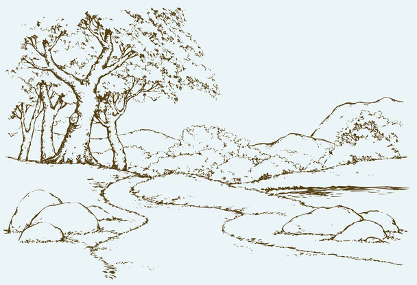 Mountain landscape with oak trees. Vector drawing - Vector, Image