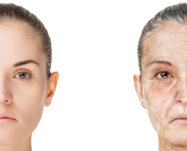 Aging process, rejuvenation anti-aging skin procedures old and young concept - Foto, imagen
