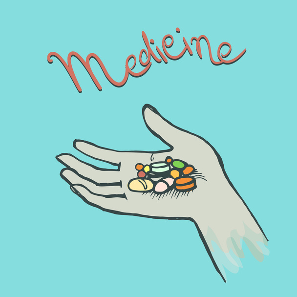 a handful of multi-colored pills in the palm of your hand - Vector, Image