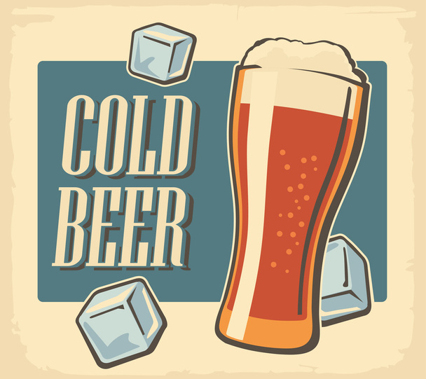 Vintage poster cold beer and ice cube. Retro label or banner design. Vector old paper texture bright background. For emblem, poster, Logo, web, info graphic, horizontal - Vector, imagen