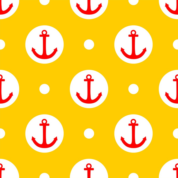 Tile sailor vector pattern with red anchor and white polka dots on summer yellow background - Vektori, kuva