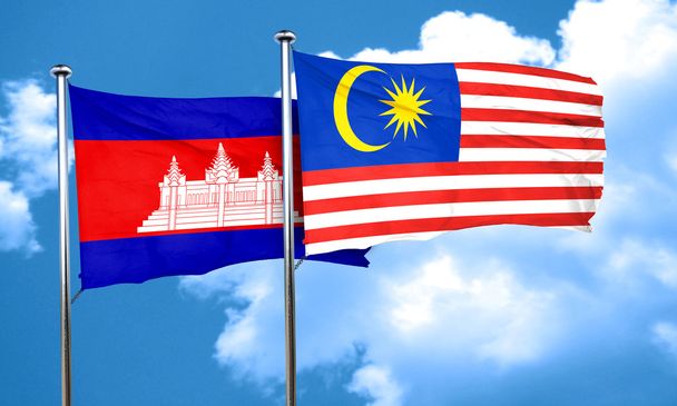Cambodia flag with Malaysia flag, 3D rendering - 写真・画像
