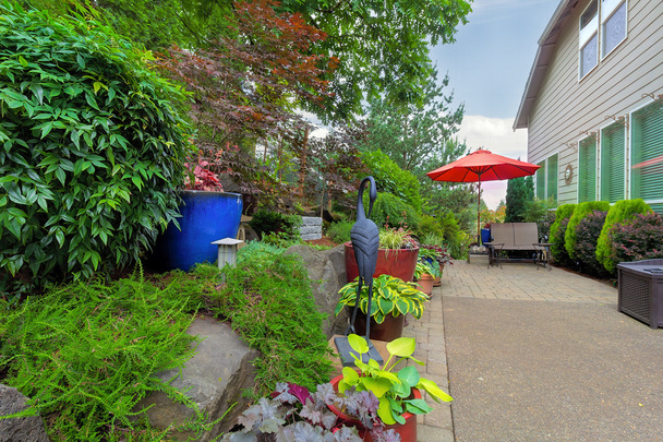 Jardín Patio trasero con asiento de patio y paraguas
 - Foto, imagen