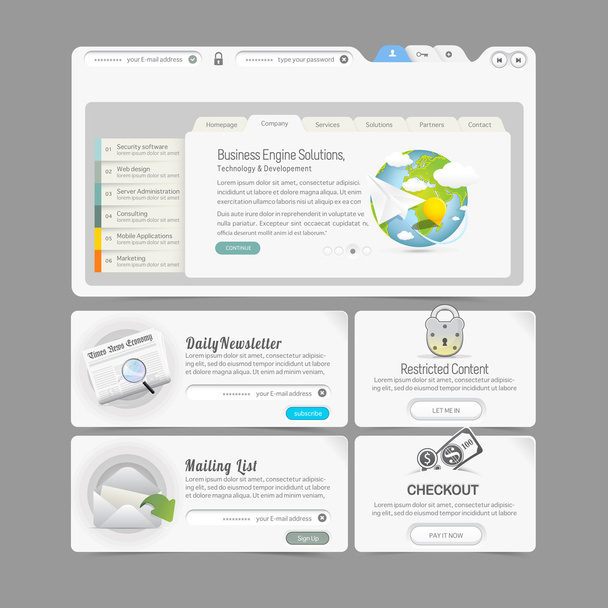 Elementi del menu del modello di design del sito Web con set di icone: cursore immagine
 - Vettoriali, immagini