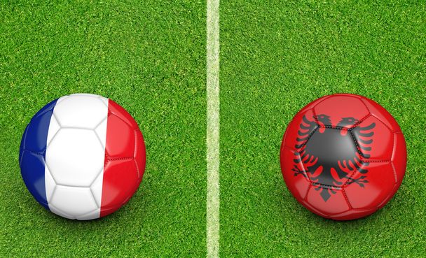 Joukkue pallot Ranska vs Albania jalkapallo turnaus ottelu, 3D renderöinti
 - Valokuva, kuva