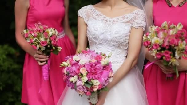 Hermosa novia de pie entre damas de honor en vestidos de color rosa con ramos de rosas
 - Imágenes, Vídeo