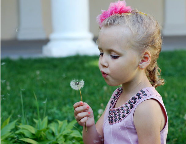 Little girl blows away dandelion in the park - Photo, Image