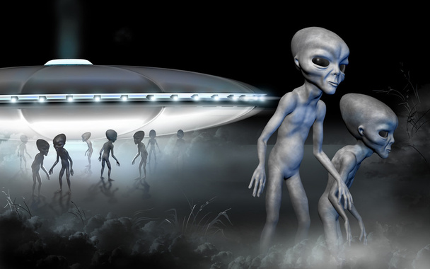 Flying saucer and two grey realistic alien in space. 3D characters. Digital illustration. - Фото, зображення