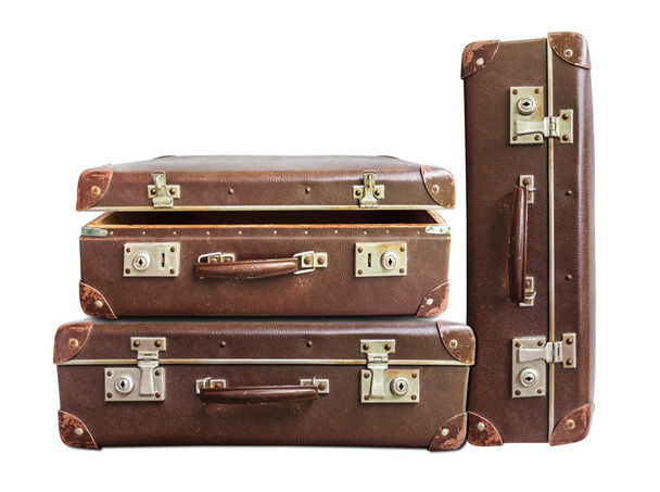 Open and two closed vintage brown suitcase on white background - Foto, Bild