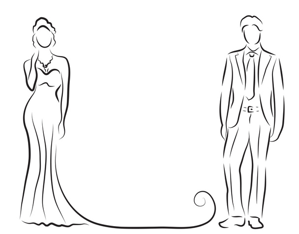menyasszony és a vőlegény, ifjú vázlatot, a sziluettje kézi rajz, esküvői meghívó, vektoros illusztráció - Vektor, kép
