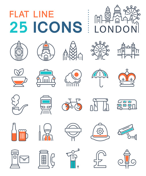 Set Vector Flat Line Iconos Londres y Reino Unido
 - Vector, Imagen