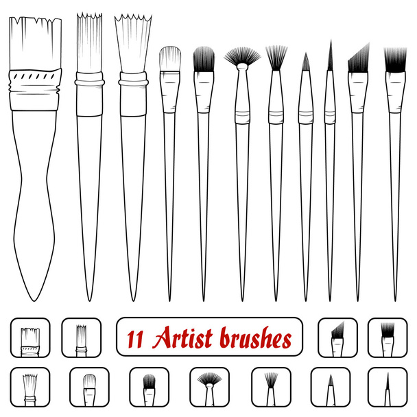 Vector. Set van 11 kunstpenselen. Iconen van Filbert Brush, Linear Brush, hoek borstel, puntjes Brush, Texture Brush, borstel Brush, MOP Brush, Tuft Brush, puntige borstel, rigger Brush, fan Brush, coating Brush - Vector, afbeelding