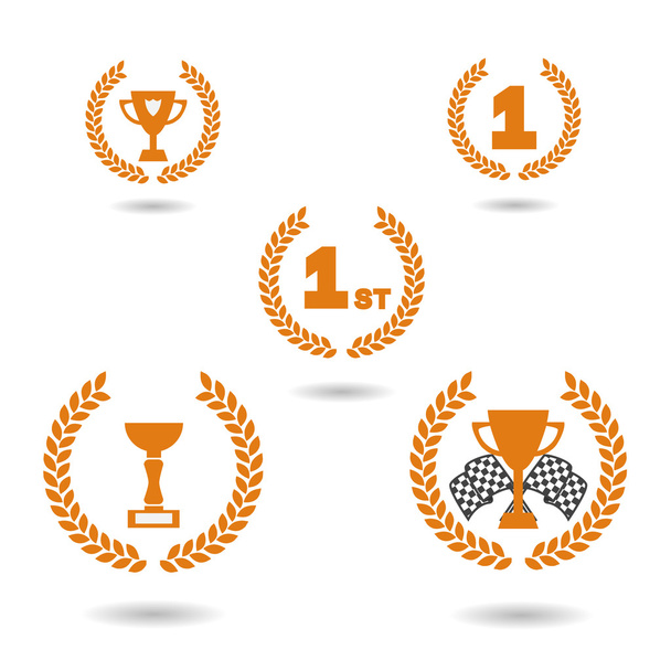 Vector. Graphic award icons. Cups for the first place, racing cup and racing flags. Isolated illustration - Vector, Image