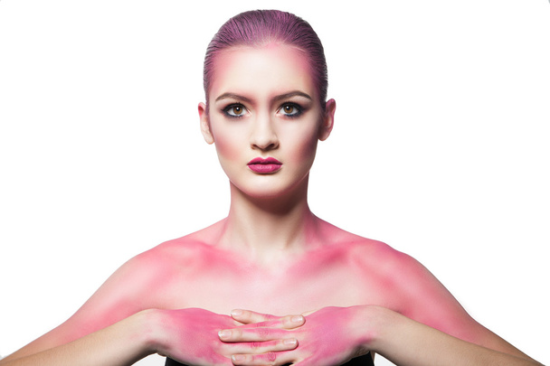 Model covered with pink glitter - Φωτογραφία, εικόνα
